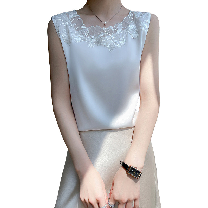 Silk Satin 2024 Spring and Summer New Women's Round Neck Sleeveless Vest T-shirt Mesh Stitching Top All-match Base Shirt