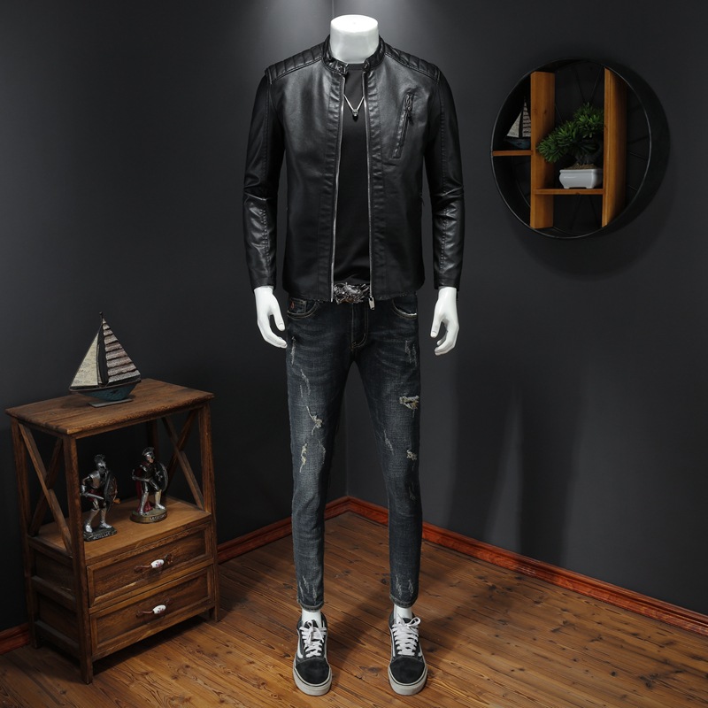 2023 New Autumn Large Size Standing Collar Leather Jacket Men's Jacket Trendy Slim Fit Men's Casual Bike Suit Leather Jacket