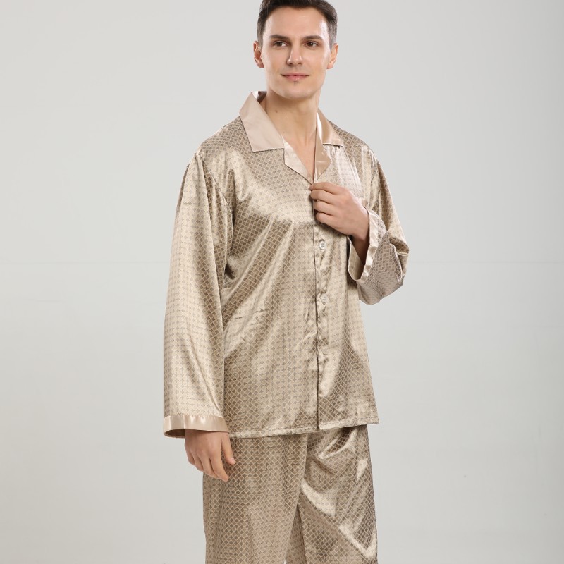 Cross-border European size wholesale spring and autumn silk pajamas men's long sleeve trousers two-piece suit thin plus size home clothes