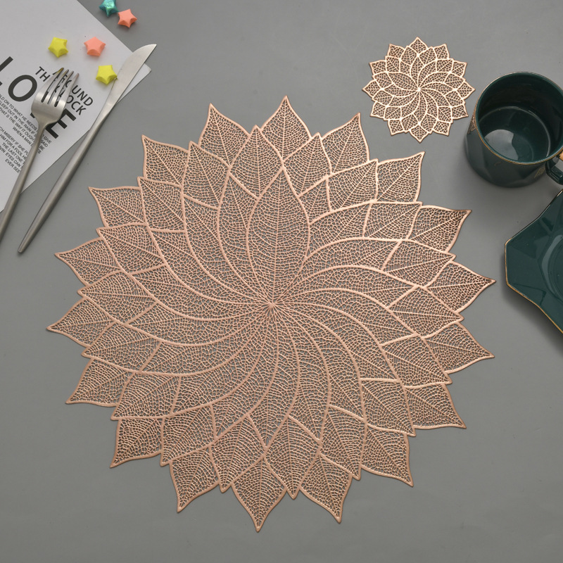 Rotating leaf insulated placemat Nordic style PVC hot stamping hollow leaf Western dining table mat high-end hotel restaurant mat