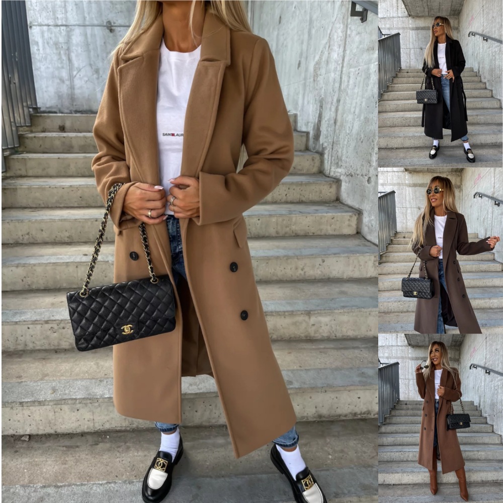 2023 Independent station EABY Amazon popular autumn and winter simple long sleeve lapel button split woolen coat for women
