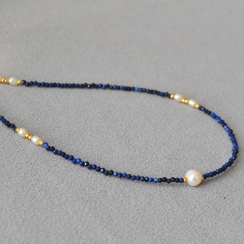 Korean niche design faceted lapis lazuli beaded freshwater rice small pearl extremely fine simple temperament short necklace