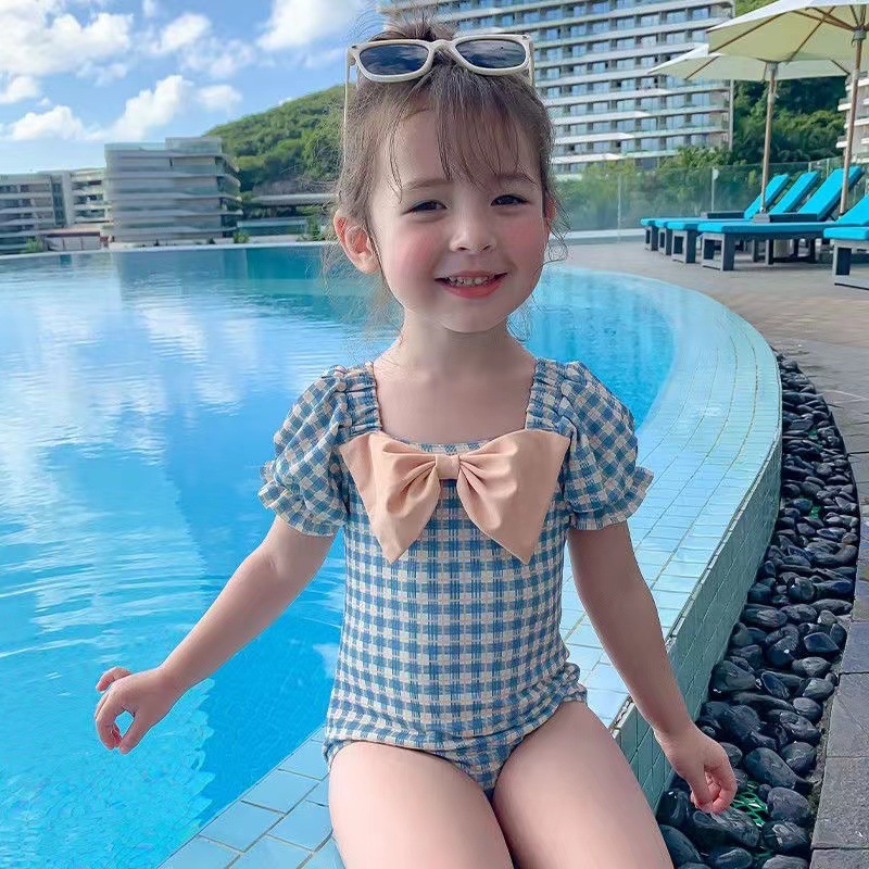 2023 new children's one-piece swimsuit girls' bow Plaid swimsuit cross beauty back elastic puff sleeve swimsuit