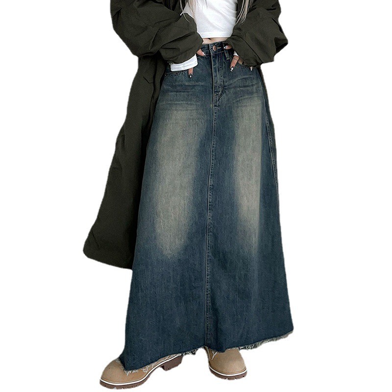 American Style Retro Denim Skirt Women's 2023 New Style Washed Old Pocket Burr Over-the-Knee Casual A- Line Long Skirt