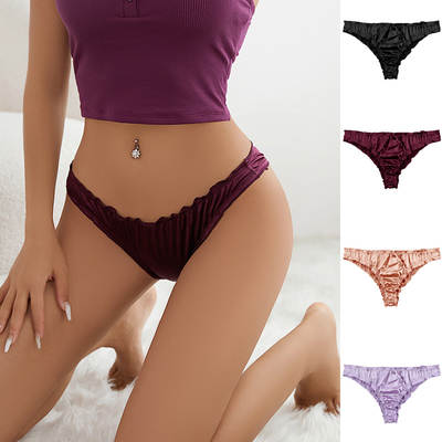 Sexy satin pleated thin breathable underwear sexy plus size T-shaped cotton crotch comfortable skin-friendly women's thong