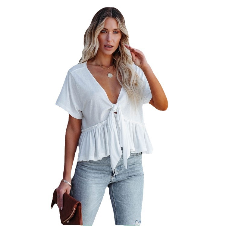 2023 Amazon Summer New European and American Cross-border Women's Solid Color Stitching Loose Short Sleeve Strap Ruffled Top