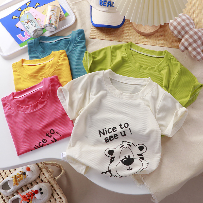 Children's Short-sleeved Cotton T-shirt 2024 New Boys and Girls Cartoon Single Top Baby Korean Top Instagram Style Children's Wear