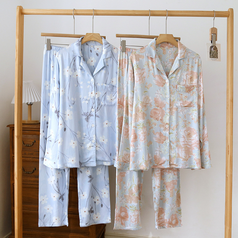New Women's Spring and Summer High-end Satin Pajamas Cotton Silk Pajamas Pastoral Long Sleeve Trousers Home Wear Set Thin