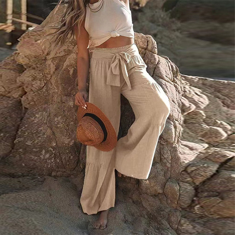 Amazon European and American Summer Women's Fashion Strap Stitching High Waist Pleated Wide Leg Pants Casual Solid Color Loose Pants
