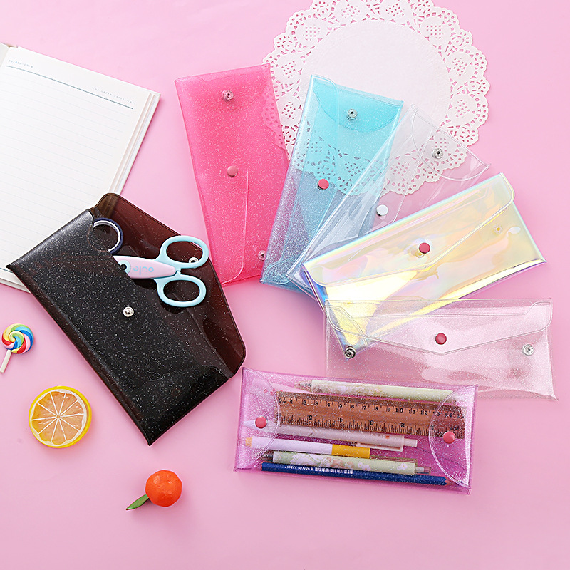Creative ins Style Simple Laser Transparent Pencil Case Portable Folding Snap-on Bill Finishing Stationery Storage Bag Batch