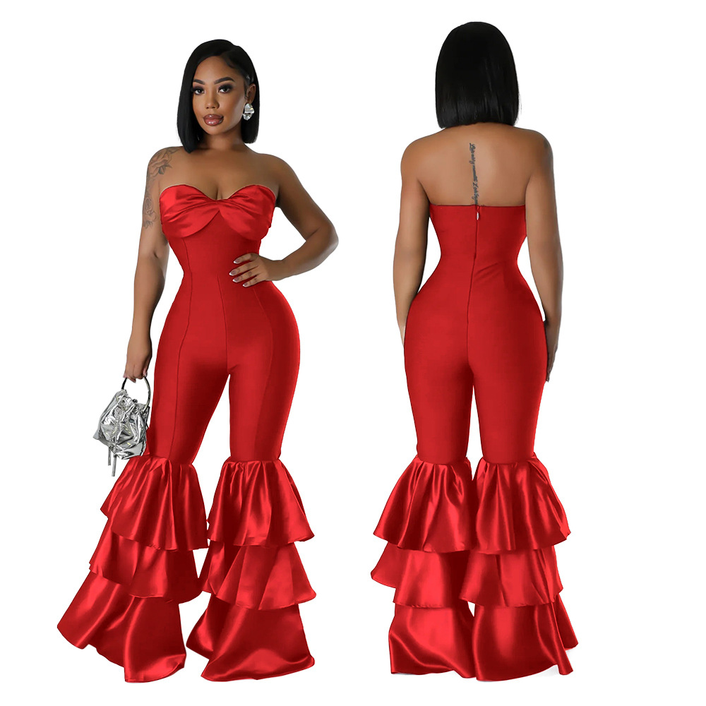  New Fashion Sexy Strapless Solid Color Pleated Lace Jumpsuit Women