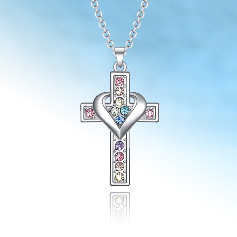 Cross-border new European and American fashion colored diamond cross necklace women's all-match pendant heart-shaped clavicle chain jewelry wholesale
