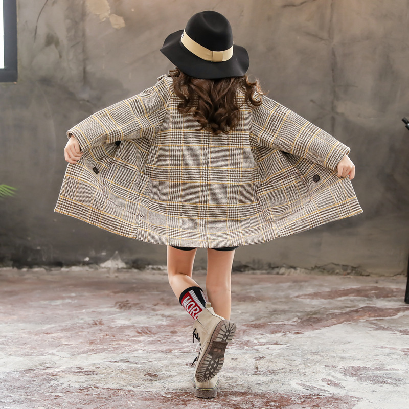 Girls' Woolen Coat 2021 Autumn and Winter New Children's Mid-length Plaid Coat Trendy Woolen Coat for Large Children