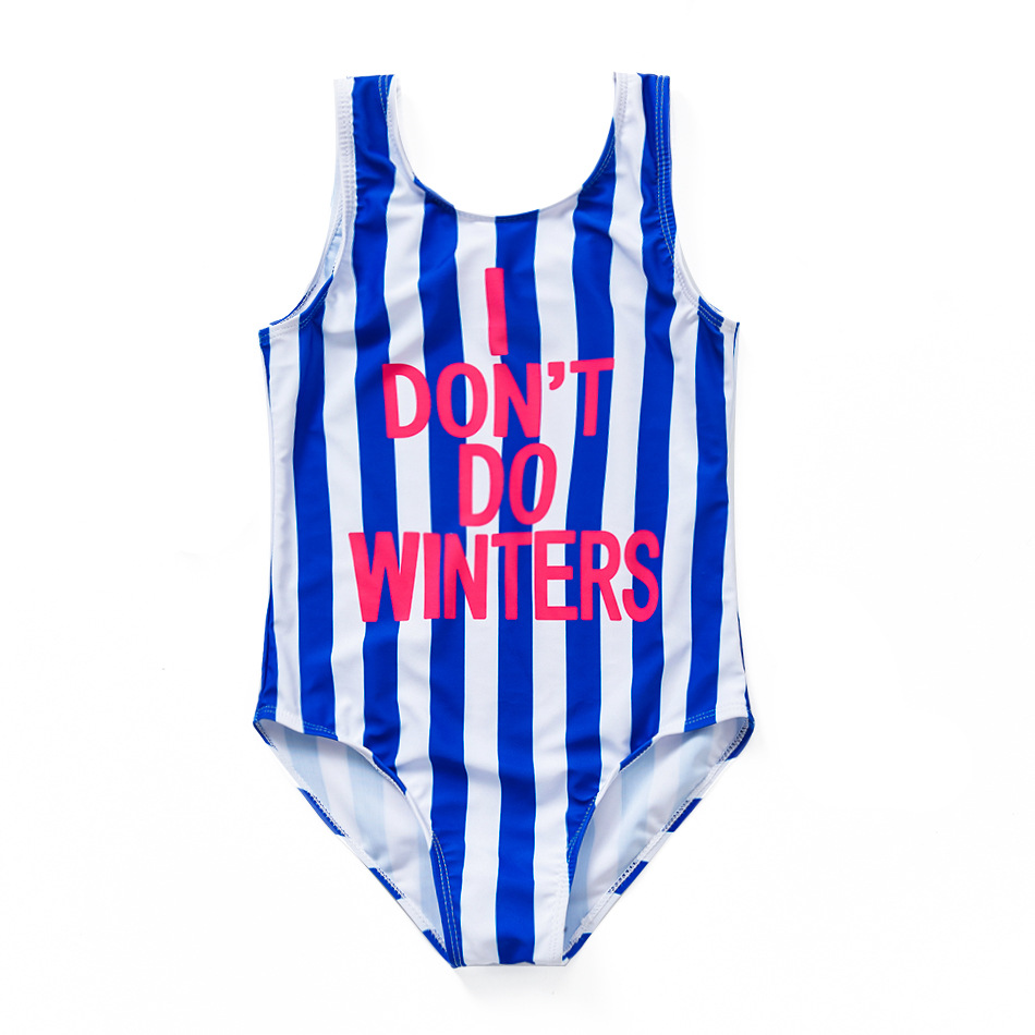 New foreign trade girls' swimsuit blue vertical stripes letters girls' swimming pool one-piece swimsuit children's swimsuit
