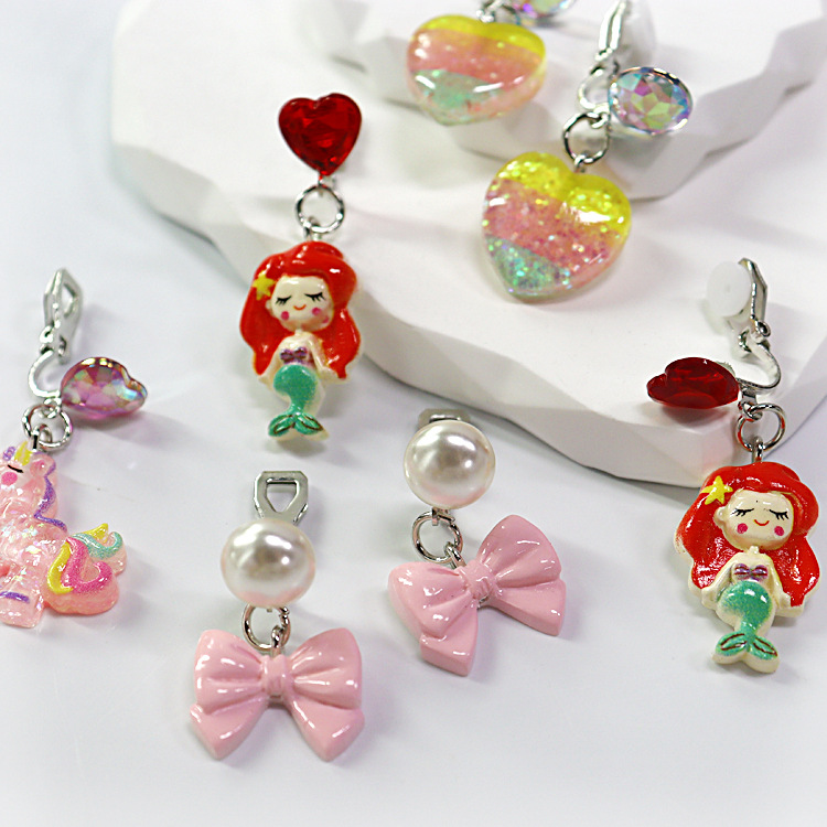Cute cartoon children pendant ear clip mermaid unicorn earring resin pendant ear clip wholesale