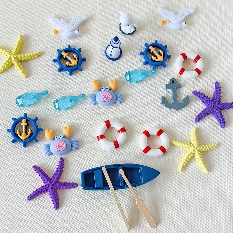 Ocean Series Theme Cake Decoration Sailing Lighthouse Ornaments Seagull Crab Coral Felt Seagrass Baking Plug-in