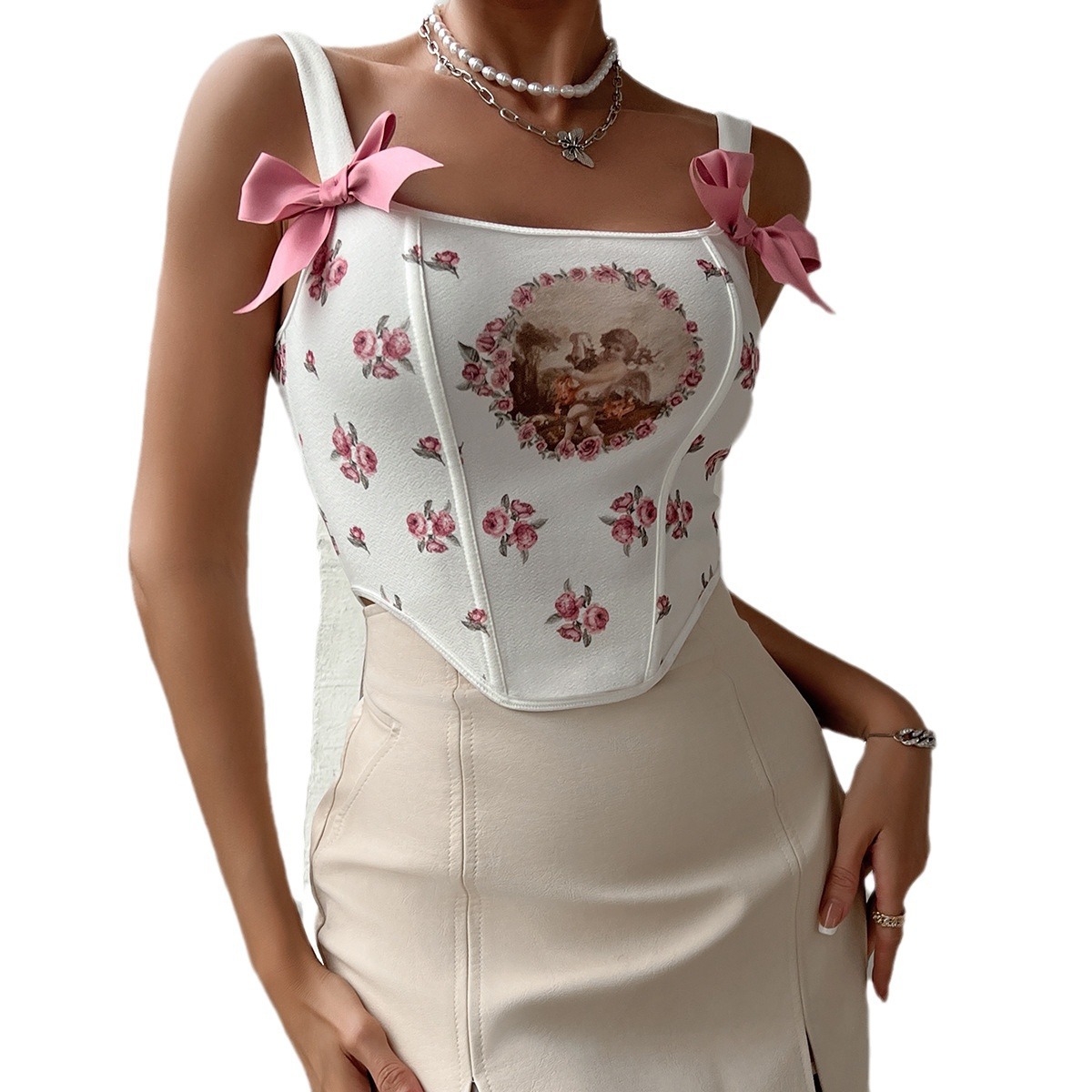 Cross-border Foreign Trade Street Sexy Strap Backless Strap Spice Girl Fish Bone Printed Waist European and American Style Vest 7798