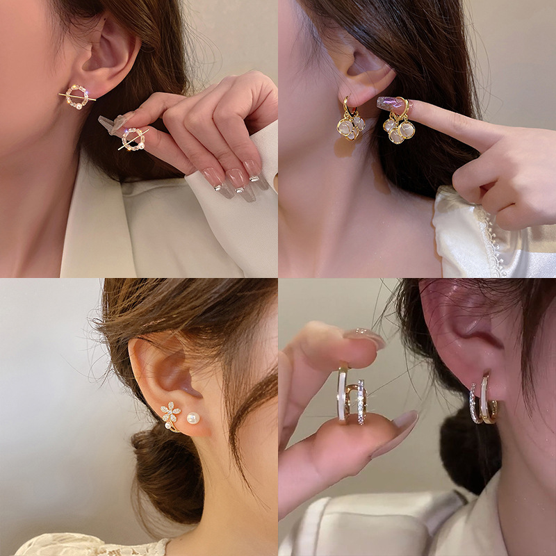 Korean Stud Earrings Women's Unique Design Simple Rhinestone-Inlaid Elegant Style Ear Jewelry New Trendy Earrings