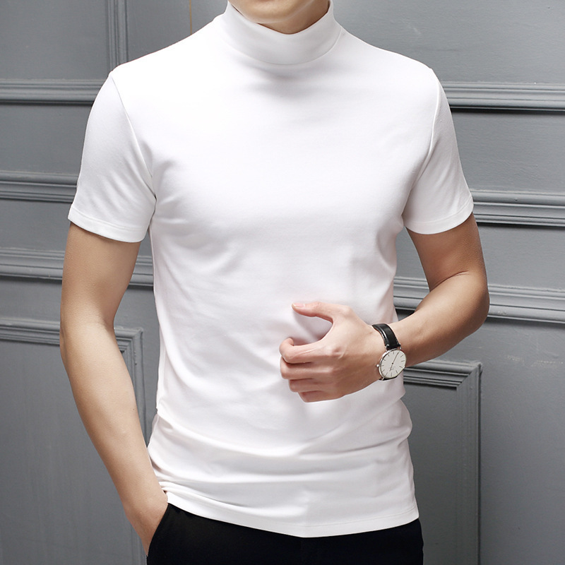 A generation of spring and summer men's half-high collar milk silk short sleeve slim T-shirt men's high collar trend base shirt