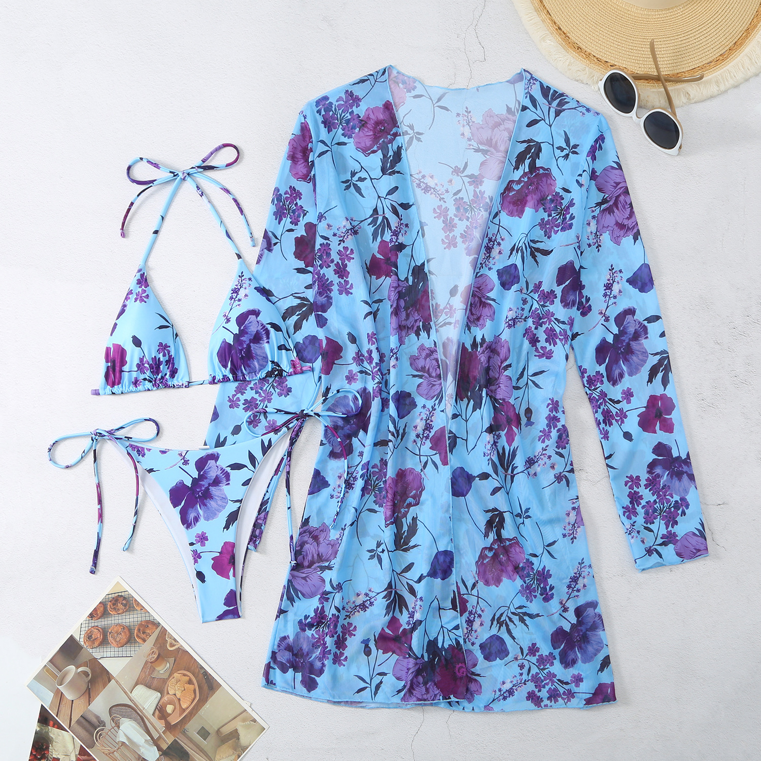 2024 European and American mesh sunscreen blouse vacation swimsuit Amazon mesh three-piece bikini split swimsuit