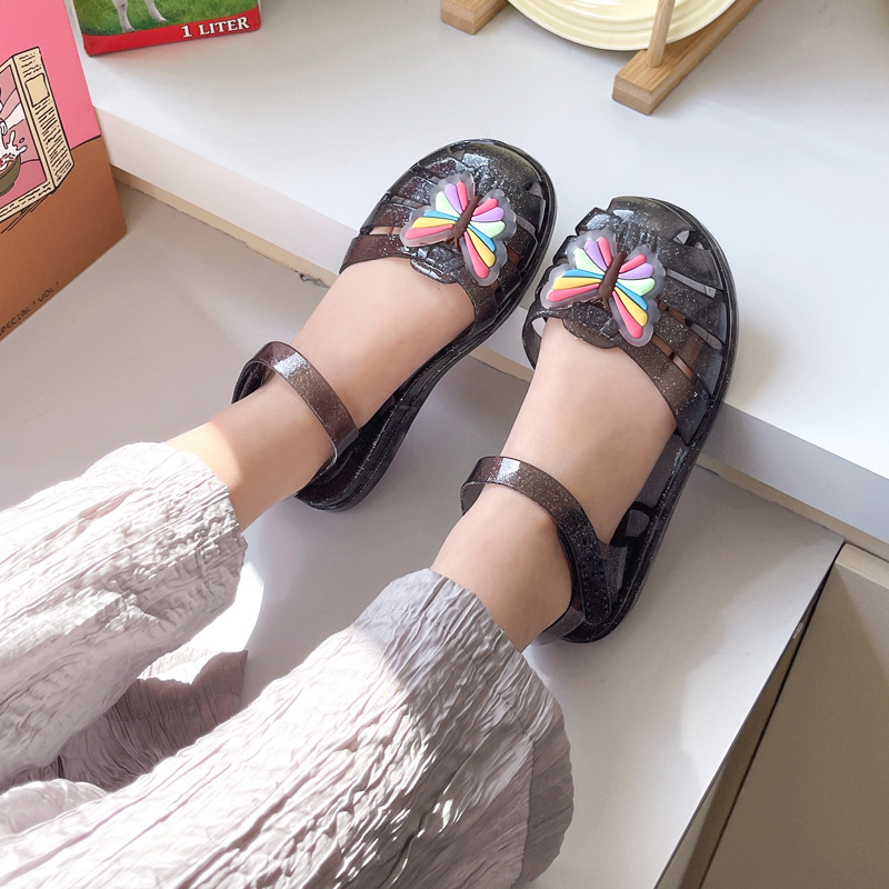 Summer New Small and Medium Girl Sandals and Slippers Rainbow Bow Jelly Shoes Roman Princess Baby Shoes Beach Shoes