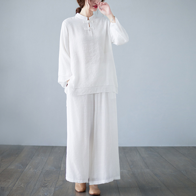 One-piece delivery 2023 Autumn New Chinese style buckle top wide leg pants two-piece long sleeve yoga clothes suit