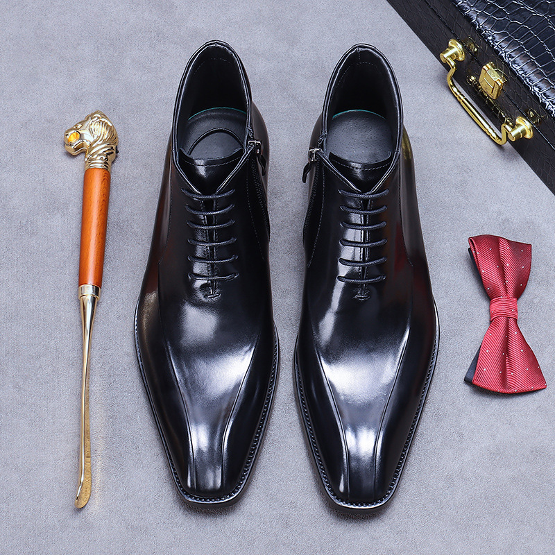 Kožené boty Velkoobchodní továrna Britské martinské boty Pravá kůže Módní společenské boty Špičatá špička Zip Vysoké kožené boty Kotníkové boty_voghion.com