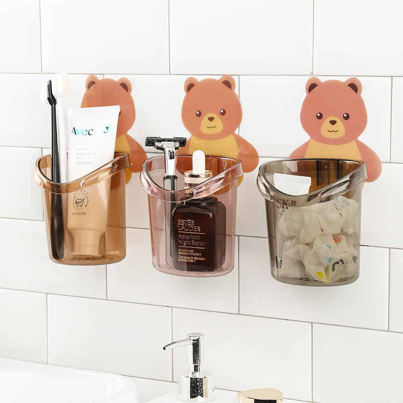 Bear Cup Cup Holder Storage Rack for Kitchen and Bathroom Hole-free Seamless Paste Toothbrush Toothpaste Storage Rack Hanger