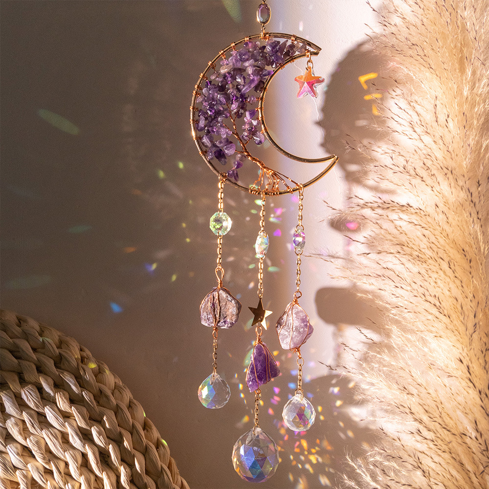 Amazon Natural Amethyst Gravel Moon Sun Catcher Wind Bell Lighting Pendant Home Decoration Gift Wholesale