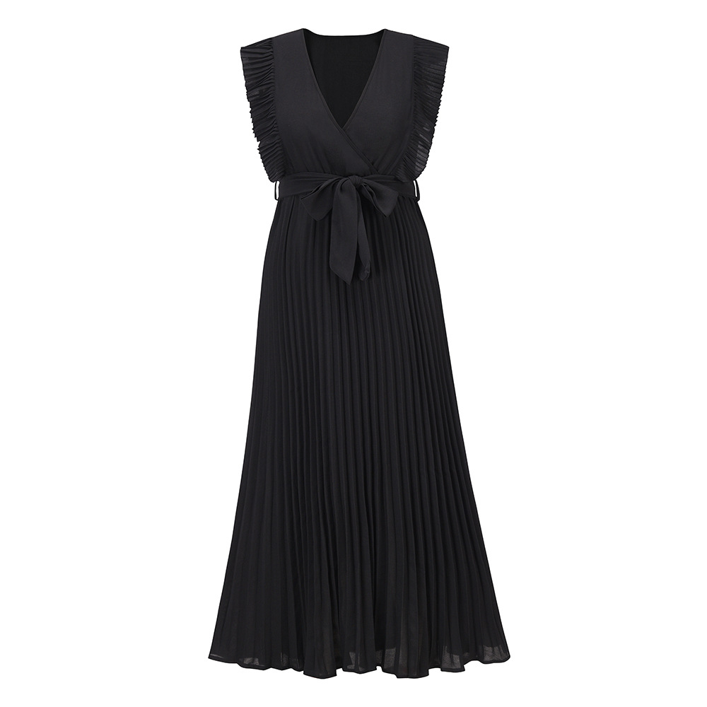 European and American Amazon Elegant Beach Long Dress Fashion Slim Fit Sexy Lotus Sleeve Chiffon Pleated Dress Solid Color Dress