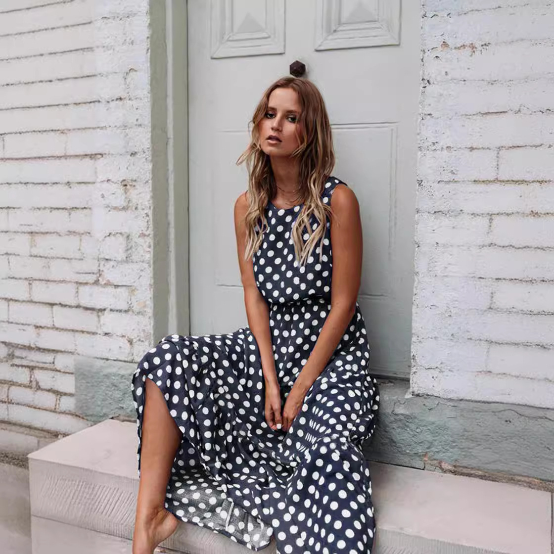 Cross-border Hot Sale 2024 Spring and Summer Fashion All-match Printed Polka Dot Round Neck Dress Women's Dress
