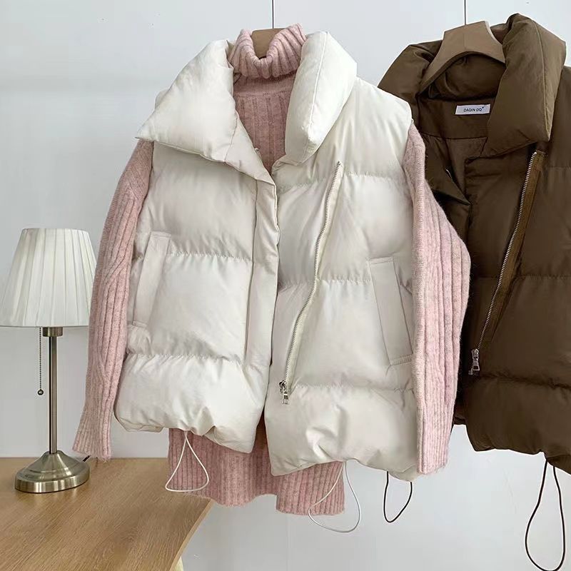 Women's Vest Jacket Winter New Stand Collar Sleeveless Casual Korean Style with Loose Warm Zipper Solid Color Vest Trendy