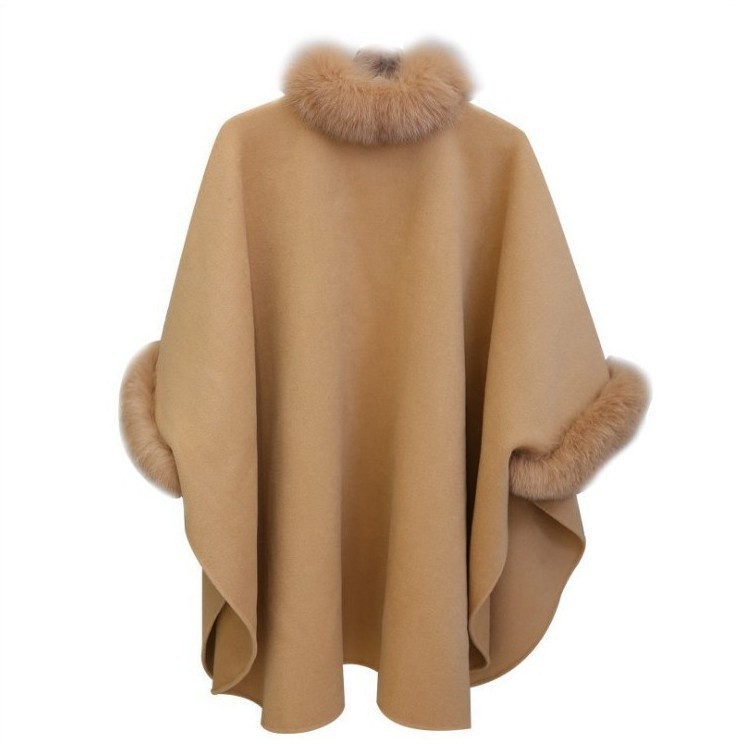 Autumn and Winter large rabbit fur collar mid-length woolen overcoat elegant Cape shawl Hepburn style woolen plus size overcoat for women_voghion.com