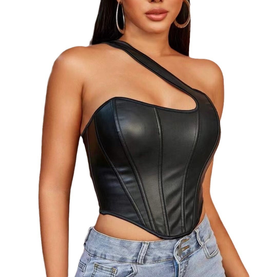 New European and American Cross-border PU Leather Shaping Top Shoulder Vest Fashion Women's Fish Bone Corset Sexy Backless Waist
