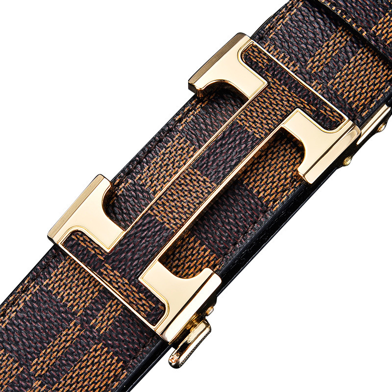 Belt Men's Plaid Belt Genuine Leather High-end Automatic Buckle Two-layer Pure Cowhide Men's Belt Light Luxury Trendy Casual
