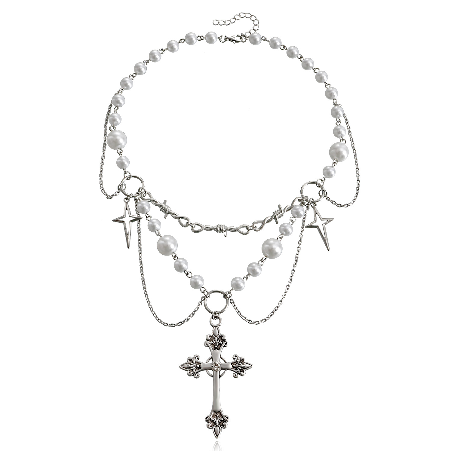European and American Cross-border Jewelry Niche Design Double-layer Highlight Pearl Tassel Cross Star Necklace Female All-match