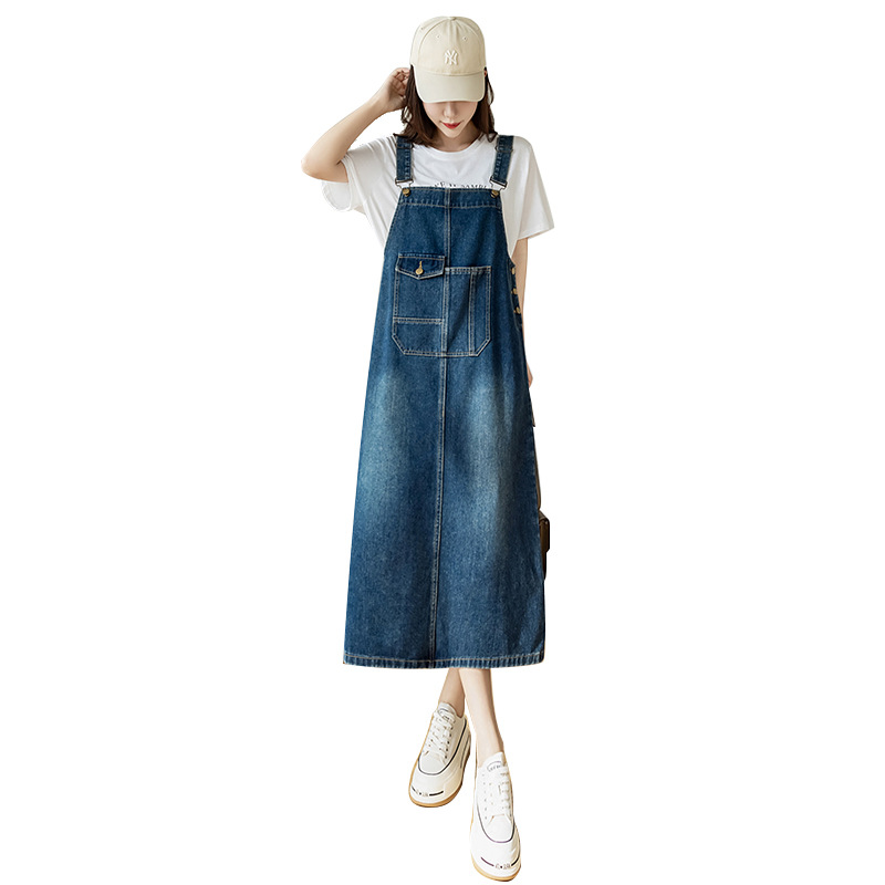 Real Shot Loose Casual All-match Denim Strap Dress Mid-length Slim Dress for Women
