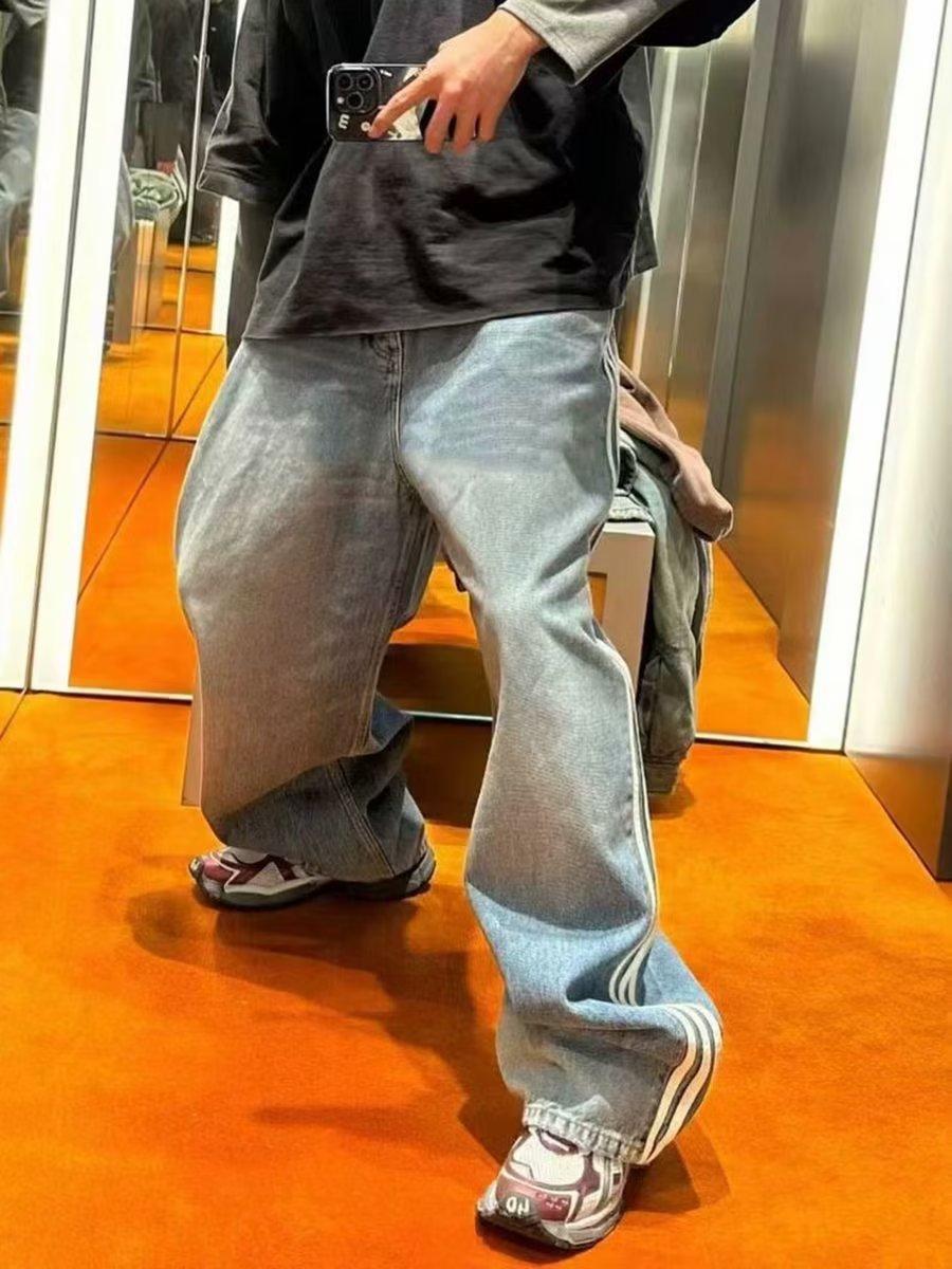 Spring 2023 New American Style Retro Three-Bar Washed Profile Blue Wide-Leg Straight Jeans for Men