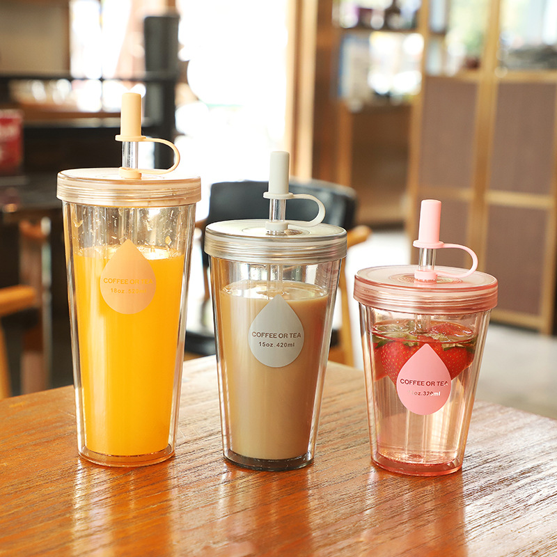 Double-layer straw milk tea cup with lid portable cup milk tea cup fruit tea cup summer student small creative plastic cup