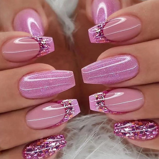 Wearable nail Pink Purple Glitter French Sequins nail Wearable nail Sticker nail Pieces Finished Removable nail