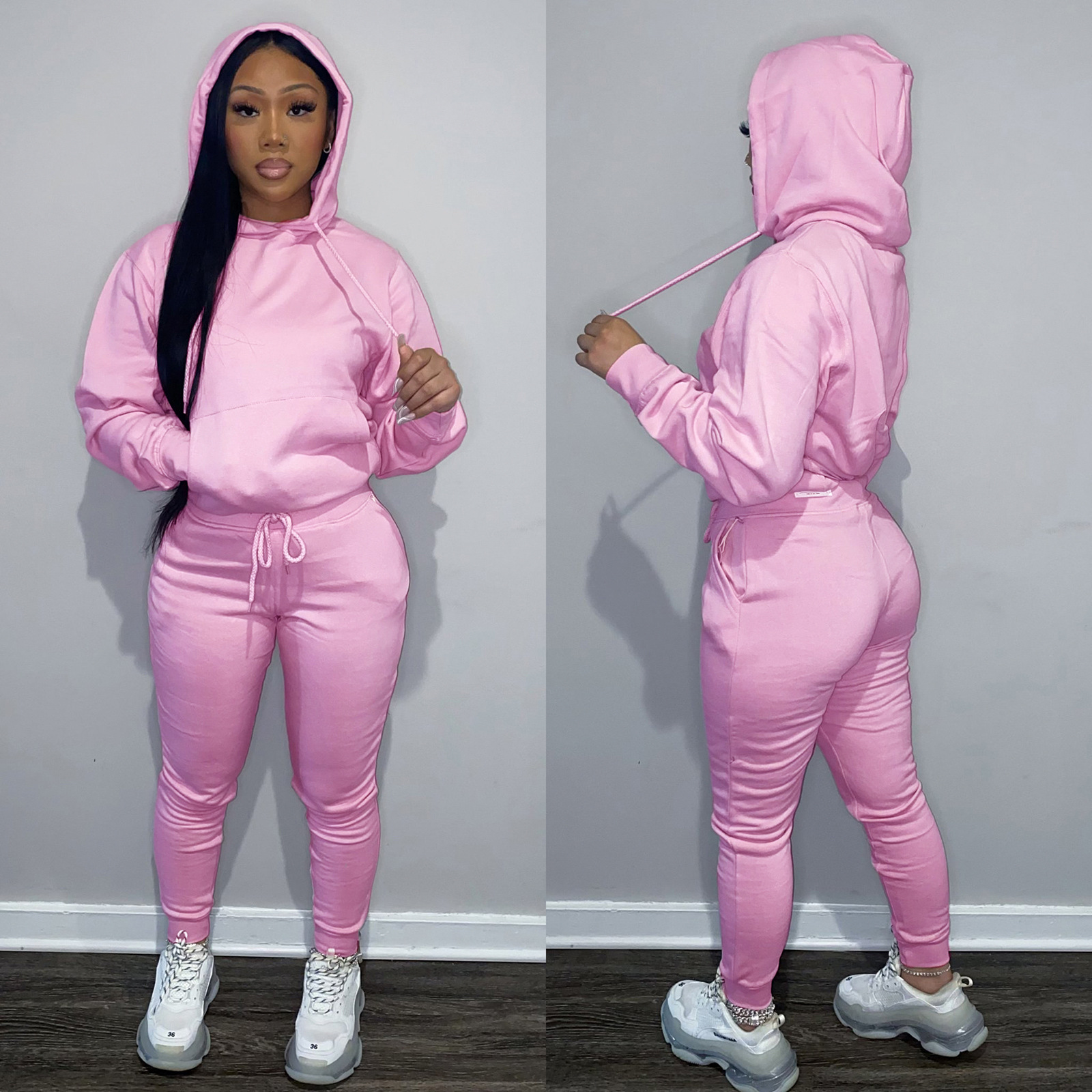 HR8197 European and American women's clothing  independent station supply autumn and winter plus velvet drawstring hooded two-piece set_voghion.com