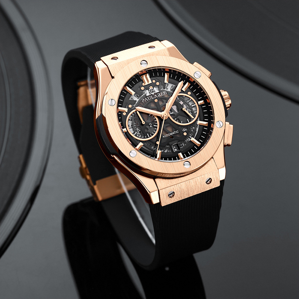 Automatic Mechanical Rubber Belt Multifunctional Running Seconds Chronograph Rose Gold Quartz Men's Watch_voghion.com