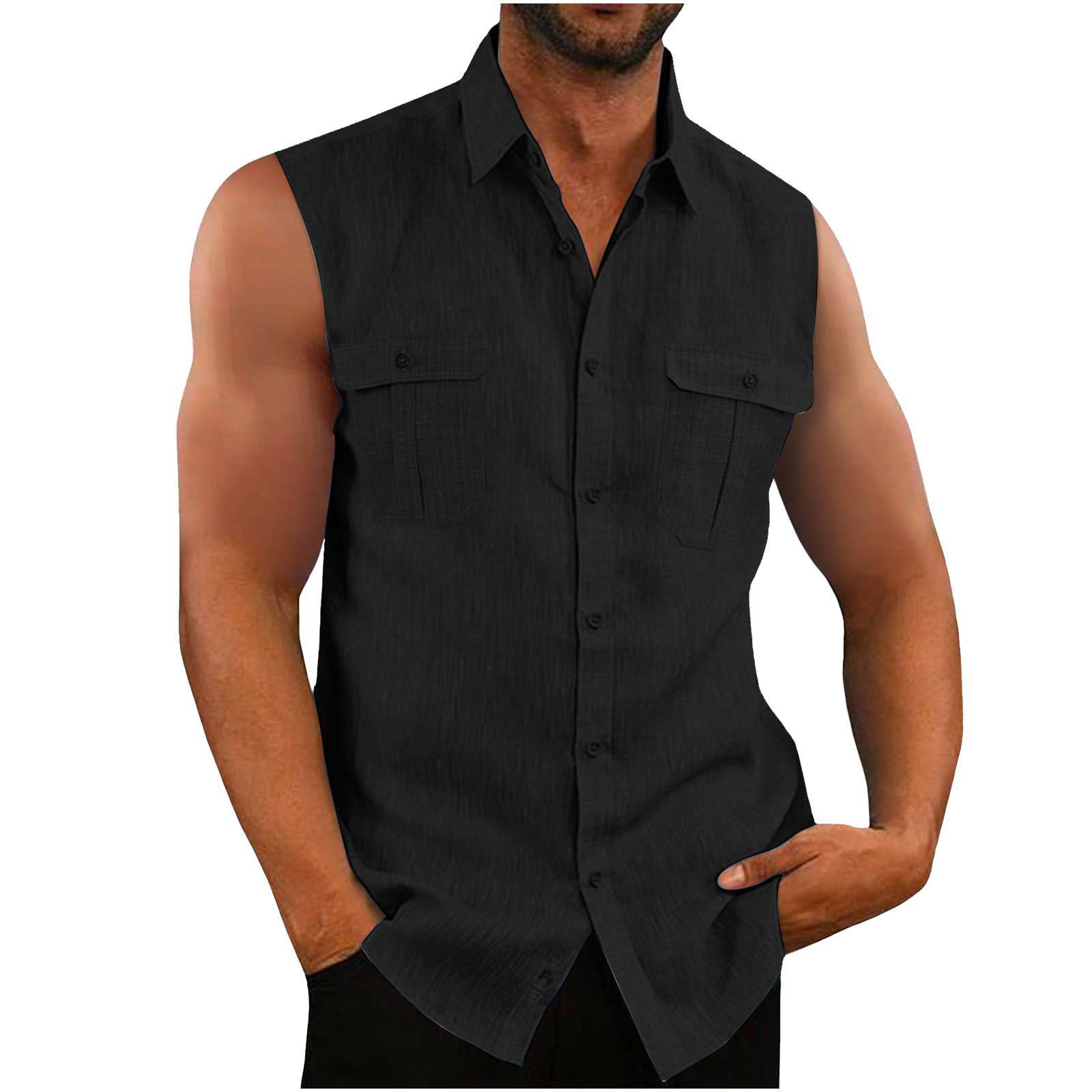 Cross-border AliExpress EBAY European and American men's shirt double pocket cotton linen sleeveless shirt casual vacation shirt