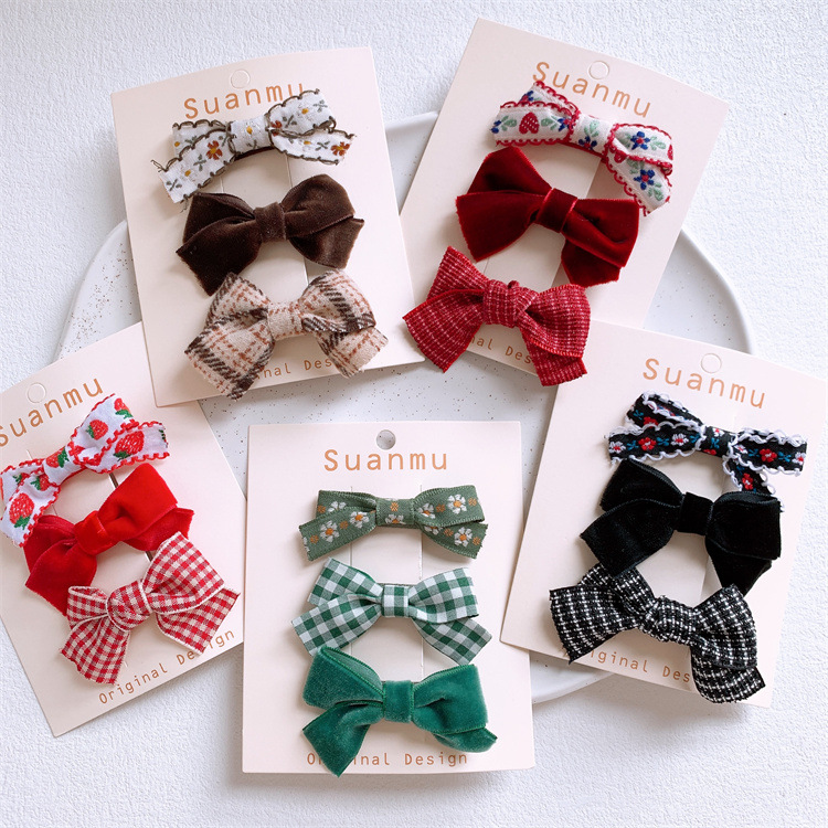 New Autumn Winter Children's Plaid Bow Hairpin Girls' Pure Color Velvet Hairpin Bangs Clip Side Clip Headwear 