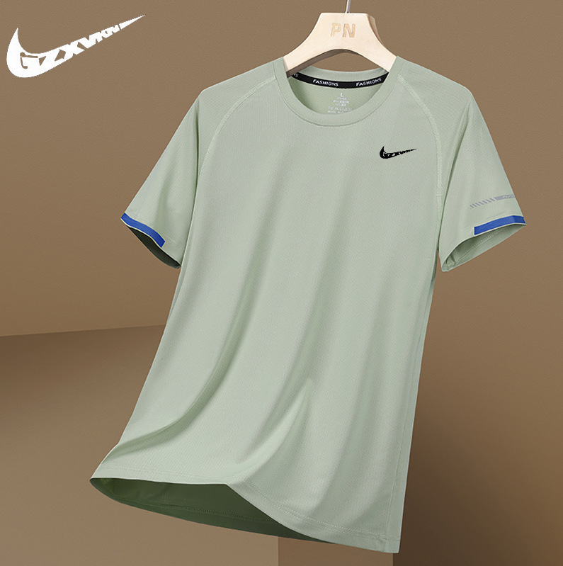 Large size Summer Ice Silk quick-drying short-sleeved T-shirt men's sports loose thin round neck top sweat-absorbent breathable foreign trade style