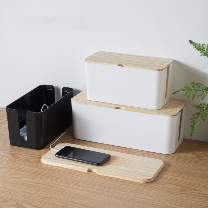 Wholesale wire storage box socket charger wooden cover storage box desktop power cord data cable finishing