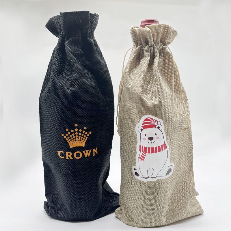 Factory linen wine bag blind wine tasting bottle cover drawstring linen drawstring wine bottle bag linen wine bag