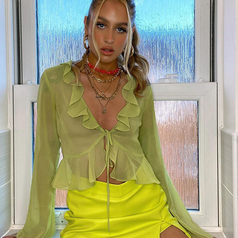 European and American 2024 Summer Explosive New Ear Edge Lace Deep V Neck Long Sleeve Transparent Top Wholesale Women's Wear