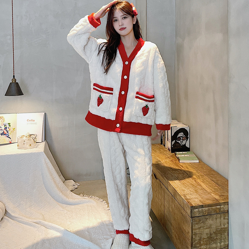 Coral fleece pajamas for women autumn and winter thickened warm suit strawberry bear pocket coral fleece home wear can be worn outside