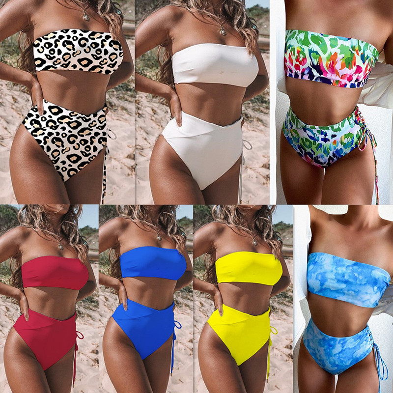 Cross-border foreign trade European and American new solid color high waist sexy chest strap bikini foreign trade split swimsuit XL016